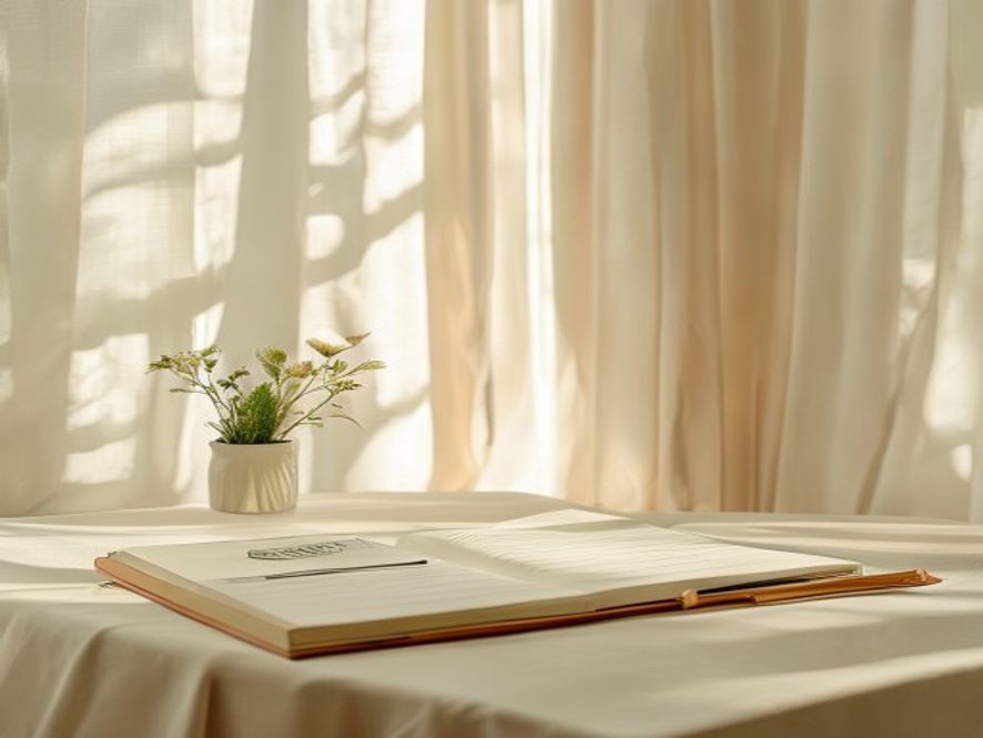 Bright workspace with journal, pen, and morning light streaming through window