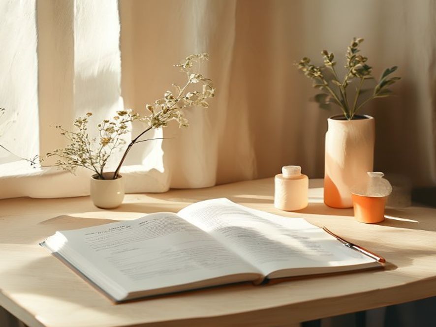 Bright workspace with open workbook, pen, and morning light
